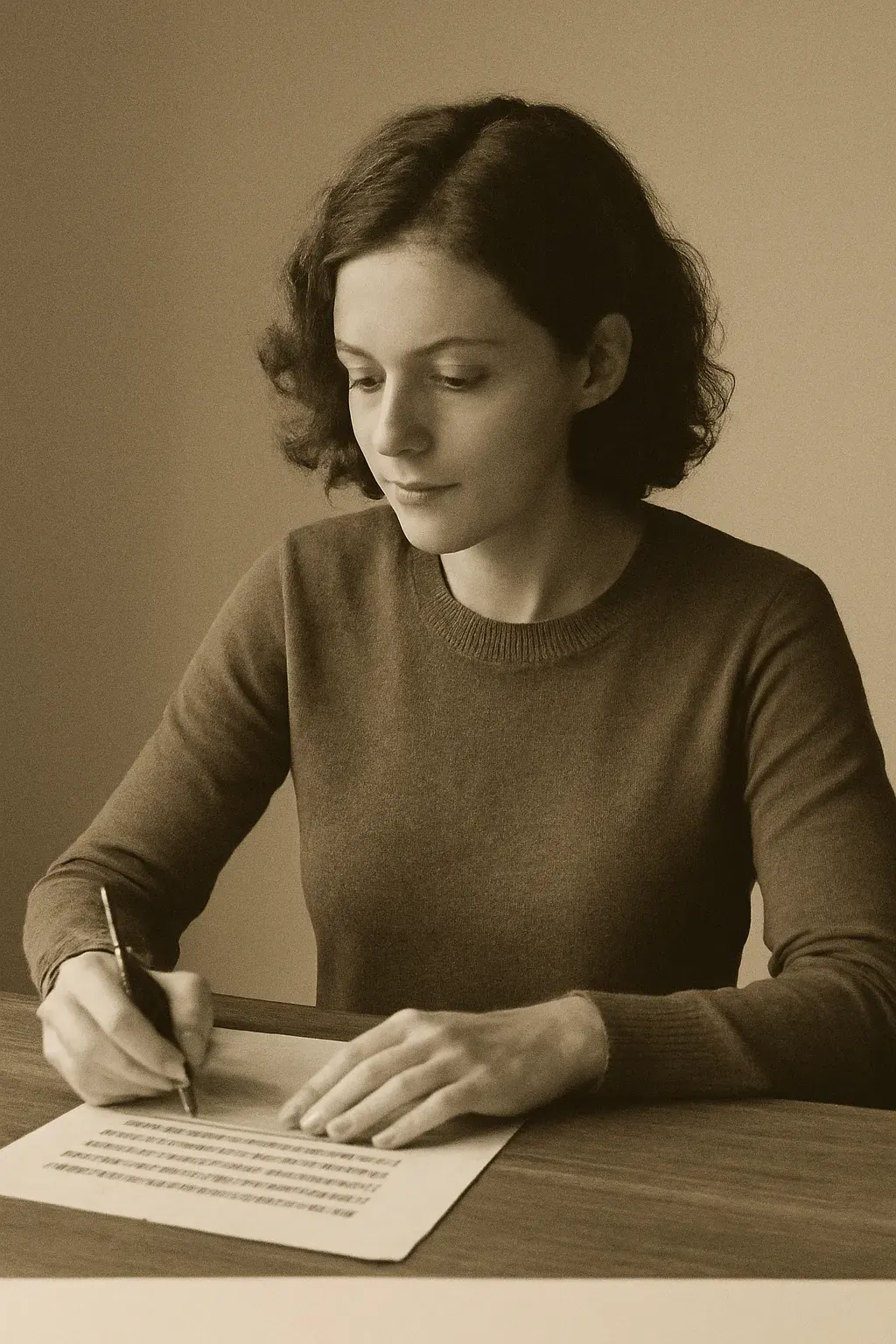 A copywriter annotating a printed proof sheet at a sunlit desk, in warm ink-and-paper duotone.