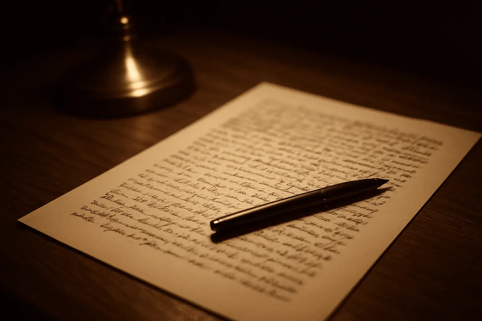 Close-up of a marked-up manuscript page under warm desk-lamp light, rendered in warm ink-and-paper duotone.