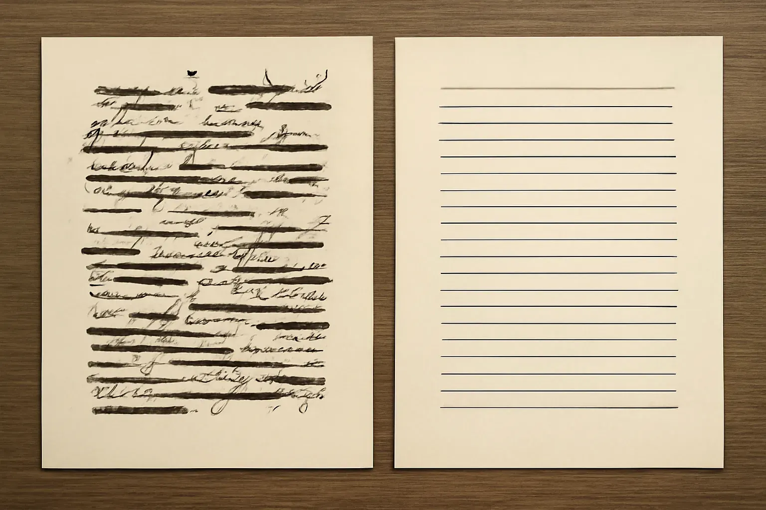 A before-and-after pair of printed pages, one marked up and one clean, in warm ink-and-paper duotone.