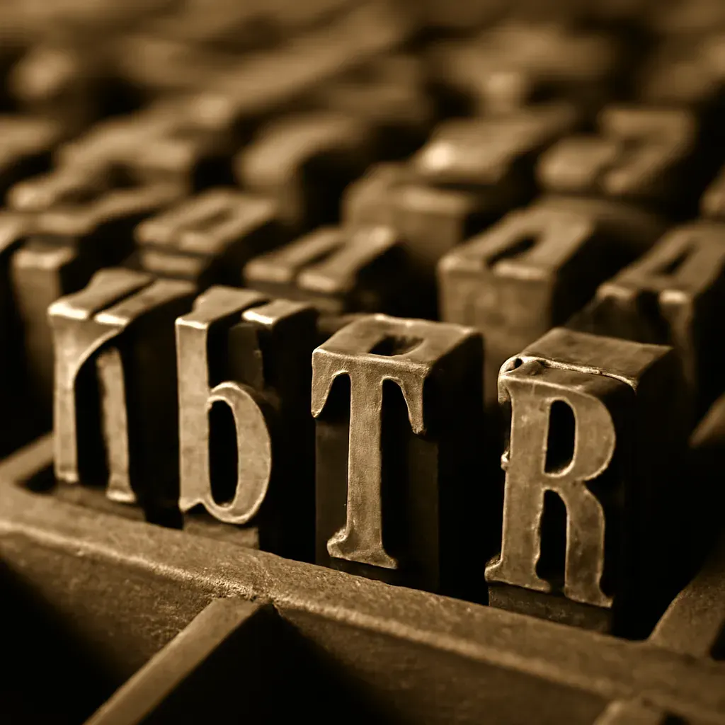 Macro close-up of letterpress metal type sorts in a wooden type case, in warm ink-and-paper duotone.