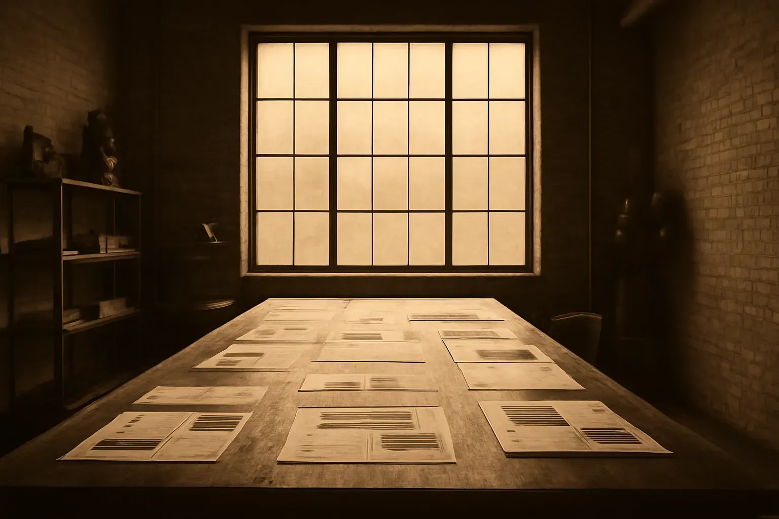 A sunlit brick-loft workspace with a long worktable of proof sheets, in warm ink-and-paper duotone.