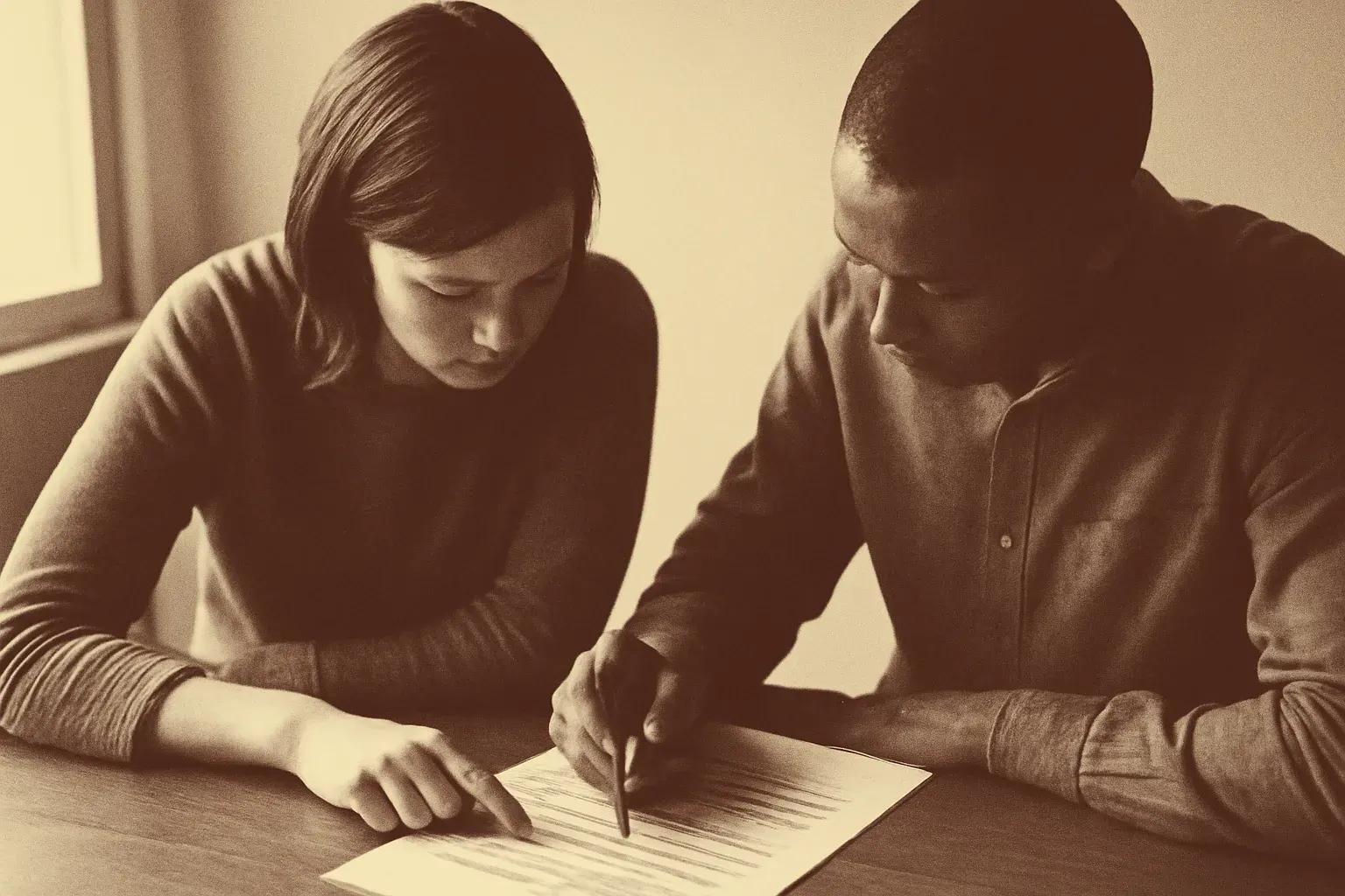 Two people reviewing a printed page together at a wooden table, in warm ink-and-paper duotone.